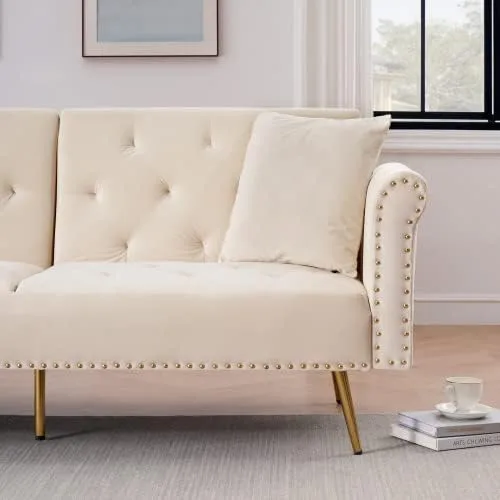 Vista 9 de Anwick Sofá cama tipo futón convertible de terciopelo de 69 pulgadas con 2 almohadas, moderno sofá cama plegable con 3 respaldos ajustables, sofá