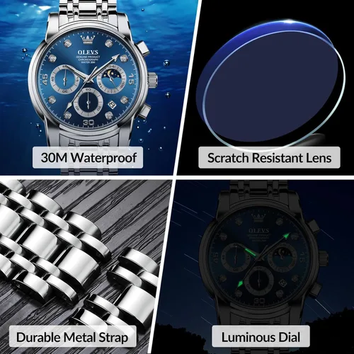 Vista 5 de OLEVS Reloj cronógrafo para hombre, esfera grande, multifuncional, fácil de leer, de acero inoxidable, analógico, de cuarzo, con fecha, de lujo