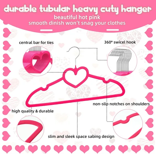 Vista 3 de Qunclay 50 piezas de perchas de terciopelo rosa brillante con forma de corazón, perchas antideslizantes de fieltro para ropa, percha de corazón