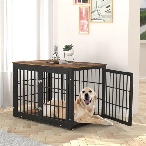 Vista 2 de rehomerance Muebles rústicos resistentes para perros grandes y medianos, mesa auxiliar decorativa para casa de mascotas, jaula de madera, muebles