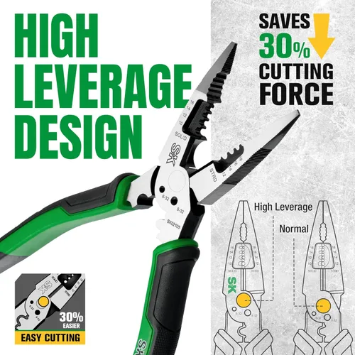 Vista 6 de SK Alicates de punta larga multiusos de 8 pulgadas, alicates de punta de aguja, 7 en 1, mango ergonómico antideslizante para un agarre cómodo