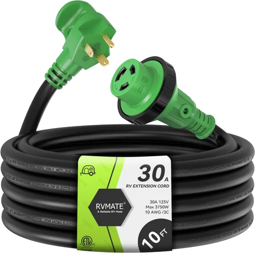 RVMATE Cable de Extensión de Alimentación Bloqueable para RV de 10 Pies y 30 Amperios con Mango de Enchufe Fácil, TT-30P a L5-30R, Indicador LED, 10
