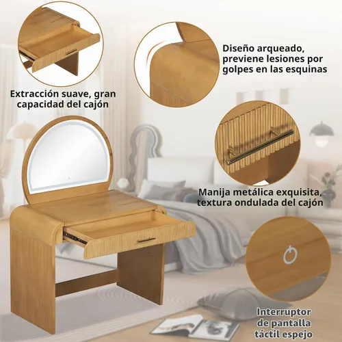 Vista 2 de Montary Mesa de tocador de maquillaje de 39 pulgadas con espejo iluminado con pantalla táctil, tocador de madera de goma con cajón grande