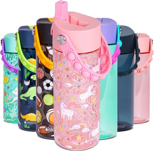 Vista 47 de Elemental Botellas de agua para niños – Botella de agua para niños Splash para la escuela con mango Pop-it – Botella de agua de plástico Tritan sin