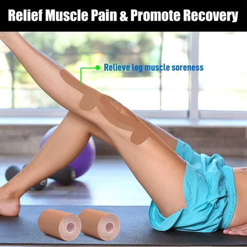 Vista 5 de Paquete de 3 cintas de kinesiología, 4 pulgadas x 5.5 yardas, resistentes al agua, cinta deportiva para aliviar el dolor, cinta elástica de algodón