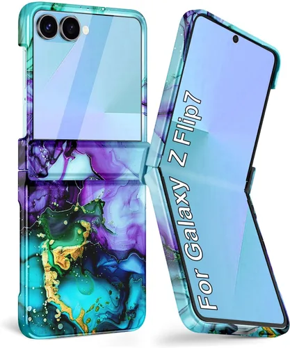 Vista 22 de Btscase Funda para Samsung Galaxy Z Flip 5, protector de pantalla frontal integrado, patrón de mármol dorado con purpurina de policarbonato duro