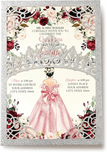 Vista 21 de 50 invitaciones de quinceañera con corona negra perlada cortada con láser Invitaciones de cumpleaños florales burdeos para Sweet 16/Miss XV