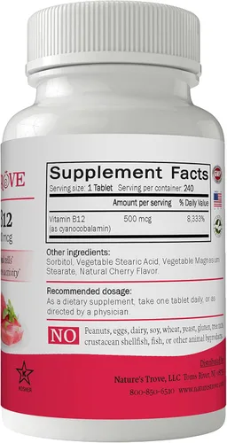 Vista 2 de Vitamina B12 500 mcg de Nature's Trove - 240 EZ Chew Tablets sabor cereza
