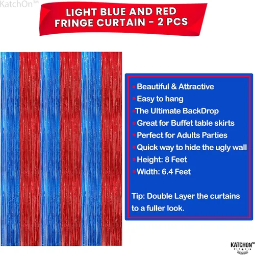Vista 4 de KatchOn - Serpentinas rojas y azules, paquete de 2 unidades, extra grande, 8 x 6.4 pies, cortina de flecos rojos y azules, decoraciones de fiesta