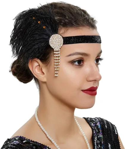 Vista 22 de Roaring 20s Great Gatsby - Diadema estilo flapper para mujer, estilo Art Deco de los años 20, con plumas A azul