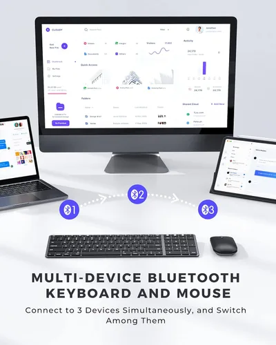 Vista 2 de seenda - Teclado y mouse inalámbricos Bluetooth compatibles con Mac, teclado y mouse multidispositivo de acero inoxidable recargable con teclado