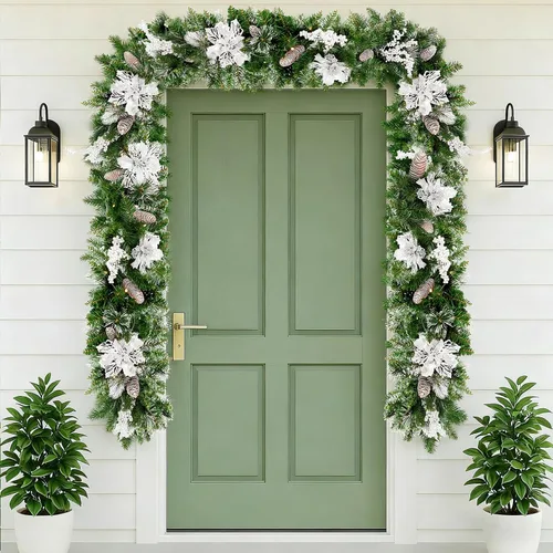 Vista 7 de Guirnalda de Navidad de 9 pies con luz, puntas de ramas exuberantes preiluminadas/flores plateadas/cono de pino, guirnalda de Navidad para chimenea