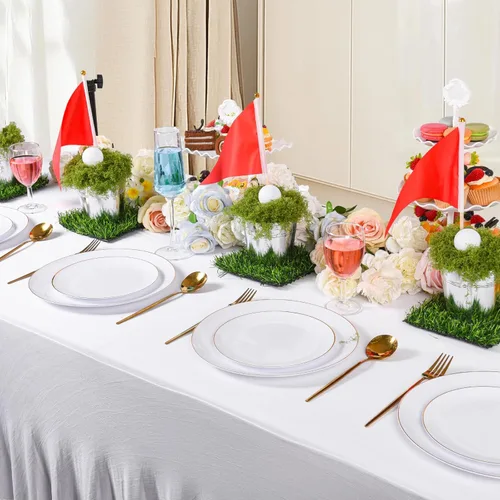 Vista 7 de Juego de 6 centros de mesa de golf para mesas, incluye 6 cubos de hierro, tapetes de césped artificial, banderas rojas, musgo artificial, 12 mini