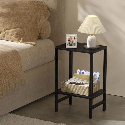 Vista 4 de YUFAM Mesa auxiliar alta de noche de 2 niveles para sala de estar, dormitorio, baño, muebles de oficina, color negro