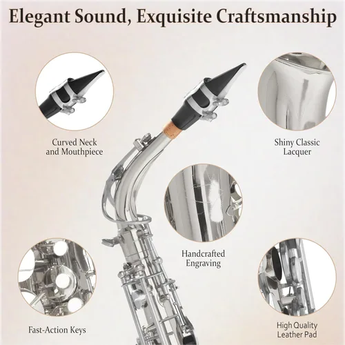 Vista 2 de Saxofón alto Mendini por Cecilio Eb con sintonizador, boquilla y funda, 10 lengúetas y libro de bolsillo., Nickel