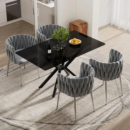 Vista 29 de Juego de comedor moderno de vidrio de lujo de 5 piezas, juego de comedor rectangular minimalista para 4, juego de mesa de cocina de vidrio