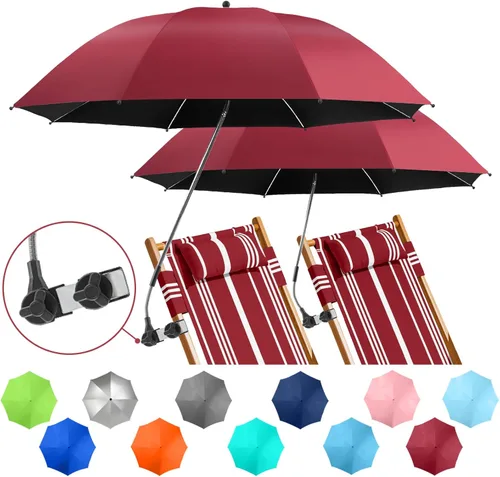 Vista 18 de Paquete de 2 paraguas de playa con abrazadera, paraguas ajustable de 360° para silla, paraguas UPF50+ para silla de playa, silla de patio, silla