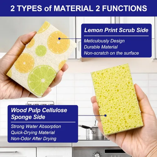 Vista 2 de CELOX Esponjas de doble cara impresas con limón, esponja antiarañazos para limpieza de cocina, 4.5 x 2.8 x 0.8 pulgadas (6)