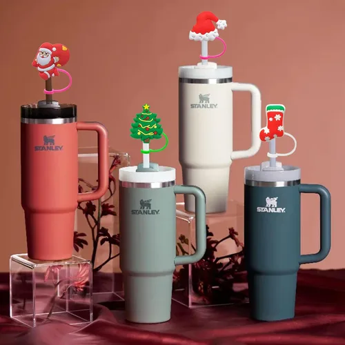 Vista 5 de 4 piezas de adornos para popote de Navidad, cubierta de popote Stanley de Amreich Christmas Stanley, vaso de 30 onzas y 40 onzas con asa, fundas