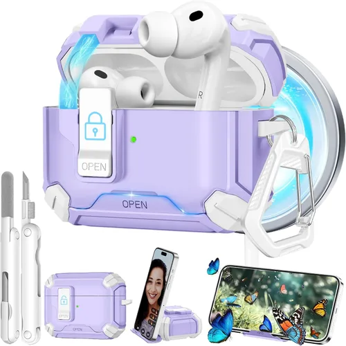 Vista 26 de Estuche con cierre de seguridad para AirPods Pro 2 con soporte para teléfono, compatible con MagSafe, funda para Apple AirPods Pro de 2ª/1ª