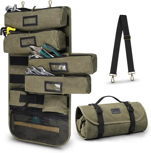 Vista 10 de ARCFOX Bolsa organizadora de herramientas enrollable de lona encerada vintage, 25 bolsillos, bolsa enrollable de herramientas para automóvil con 5