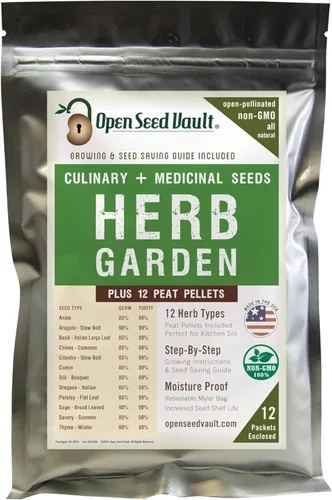 Open Seed Vault Kit de hierbas medicinales y culinarias nativas 100% sin GMO, 12 semillas de hierbas populares fáciles de cultivar, incluye 12