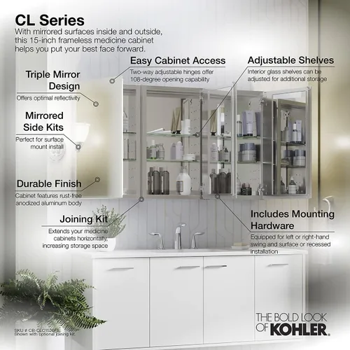 Vista 6 de Kohler CB-CLC1526FS Espejo Botiquín de Baño sin Marco, Puerta Individual, Marco Rectangular con Borde Biselado, Espejo de Gabinete de Baño, Estantes