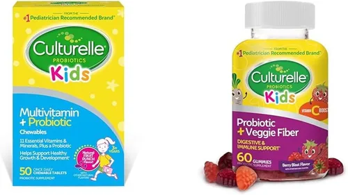 Culturelle Multivitamínico completo + probióticos masticables para niños, 50 unidades y probióticos diarios para niños + gomitas de fibra vegetal,