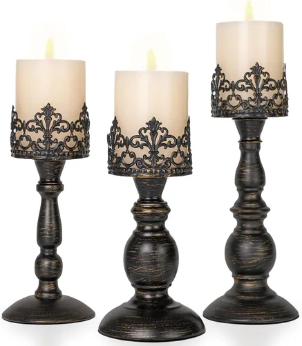 Juego de 3 portavelas negros envejecidos para velas de pilar, soportes de velas de corona vintage para decoración de centro de mesa, juego de