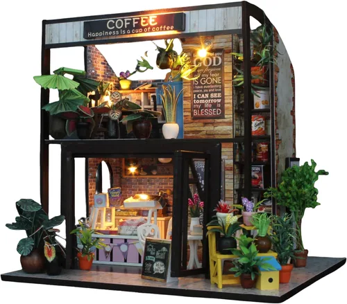 Vista 12 de Flever Kit de casa de muñeca en miniatura DIY, habitación creativa con muebles para regalo artístico romántico (Forest Teashop)