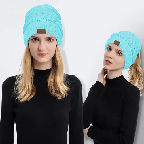 Vista 2 de Rosoz 1&2 Packs Ponytail Beanie for Women,Winter Warm Beanie Tail Soft Stretch Cable Knit Messy High Bun Hat