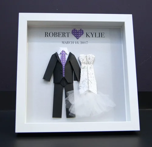 Vista 2 de Personalized First Anniversary Gift, Paper Anniversary Gift, Wedding Gift, Paper Origami Bride & Groom Frame Wall Art Decor