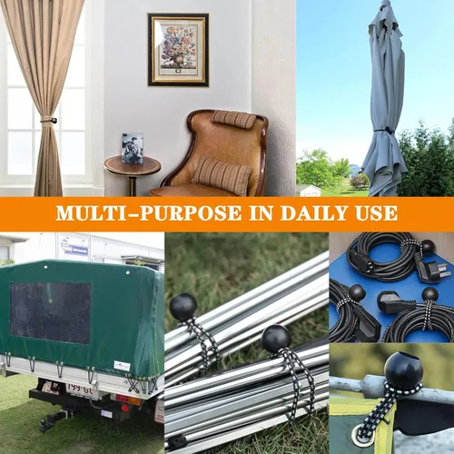 Vista 4 de Paquete de 50 cuerdas elásticas de 6 pulgadas, bolas elásticas, cuerdas elásticas con bolas, lazos elásticos para camping, tiendas de campaña, lona