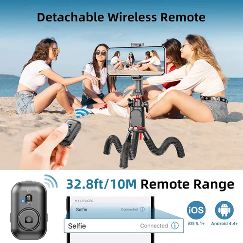 Vista 4 de Trípode para iPhone, trípode flexible para cámara extensible para teléfono celular con control remoto inalámbrico, rotación de 360°, trípode