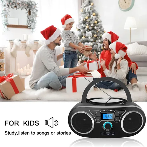 Vista 2 de Boombox de CD portátil con Bluetooth, radio FM, puerto USB, compatible con MP3-CD, entrada AUX, conector para auriculares, control remoto, estéreo