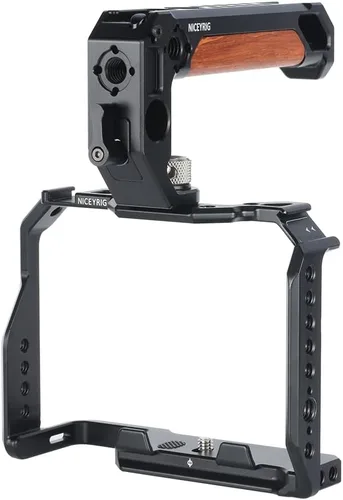 Vista 6 de NICEYRIG Kit de jaula para Sony A7RV A7V A7IV A7SIII (Alpha 7R V/Alpha 7 V/Alpha 7 IV/Alpha 7S III) con mango superior de madera para cámara DSLR