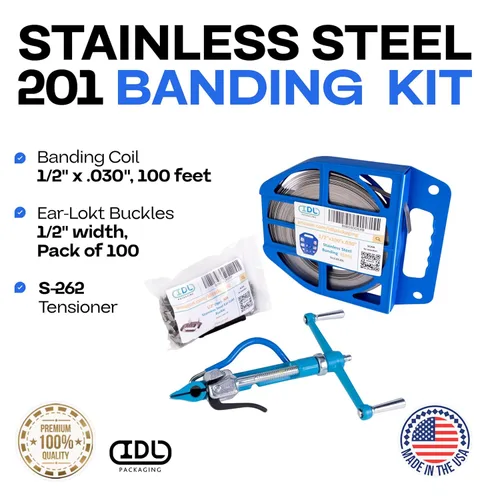 Vista 2 de IDL Packaging Kit de bandas de acero inoxidable 201 de 1/2 pulgada, herramienta de bandas de alta resistencia + bobina de bandas de acero inoxidable