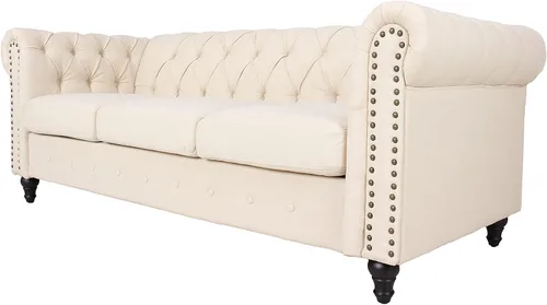 Vista 4 de Hybition Sofá de lino Sofá tradicional Chesterfield con decoración de remaches y patas de madera para sala de estar, color crema