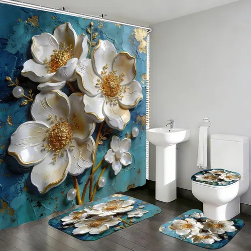 Vista 7 de DDQQ Juego de 4 cortinas de ducha de libélula de flores azules con alfombras, plantas florales neutrales, juego de decoración de baño impermeable