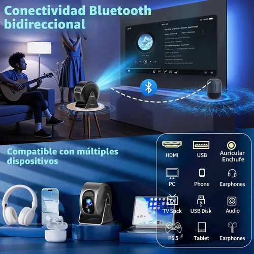 Vista 4 de [Aplicaciones integradas y enfoque automático] Mini proyector 4K 1080P 2026 actualizado Auto Keystone Proyector giratorio de 360° portátil, con WiFi