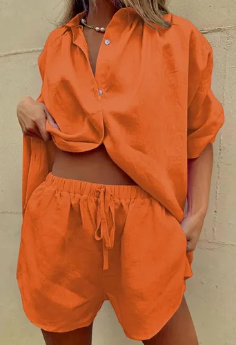 Vista 3 de Meenew Conjunto de 2 piezas para mujer, camisa de manga corta con botones y pantalones cortos, conjunto de sudadera de verano