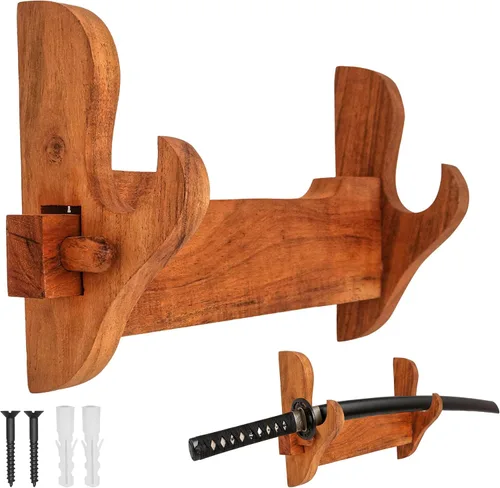 Vista 14 de Mythrojan Soporte de espada medieval de madera maciza horizontal para katana, samurái, gladiador, espadas cruzadas, soporte de mesa elegante, 1 nivel