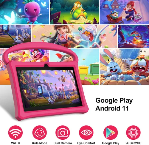 Vista 6 de Tablet infantil de 7 pulgadas, edad 3-10, Android 13 PAD para niños, 32 GB ROM educativo Pad Quad-Core con funda a prueba de golpes para niños Rosa
