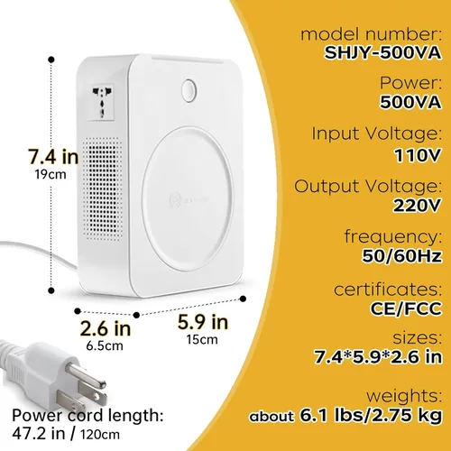 Vista 5 de SUNSHUN Convertidor de 500 W 110 V a 220 V Transformador de voltaje elevador 110 V/120 V a 220 V/240 V con 2 enchufes de salida