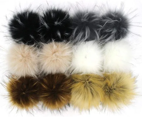 Vista 21 de 12 pompones de piel de mapache sintético para hacer tú mismo, pompón esponjoso para tejer sombrero, accesorios de bricolaje de 4.3 pulgadas