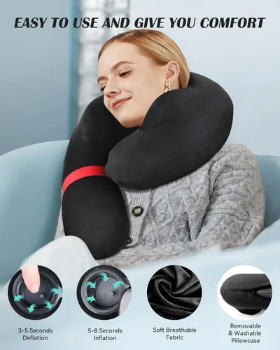 Vista 2 de Almohada de cuello inflable para viajes, almohada de viaje que apoya la cabeza y el cuello, almohada de cuello de viaje para avión, tren, automóvil