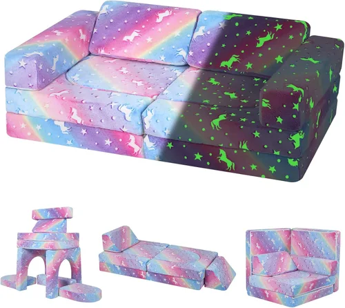 Vista 19 de Sofá modular para niños MeMoreCool – Sofá de dinosaurio de 8 piezas que brilla en la oscuridad para niños pequeños convertible en fuerte constructor