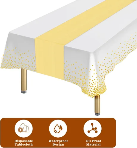 Vista 4 de Paquete de 20 manteles de plástico desechables y satinados, mantel desechable blanco rectangular y dorado para cumpleaños, baby shower, aniversario