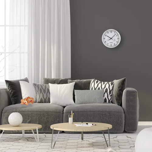 Vista 2 de REOTEMP Reloj de pared de 12" con temperatura y humedad, bisel de aluminio de metal cepillado