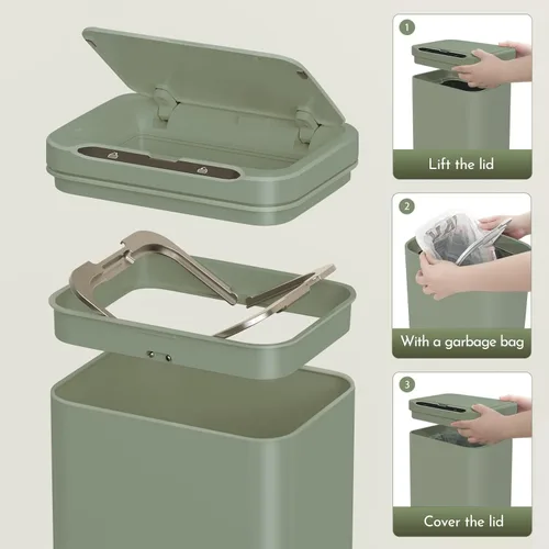 Vista 8 de ELPHECO Basurero de acero inoxidable para oficina, con sensor de movimiento, sin contacto, cubo de basura inteligente automático para cocina, Verde